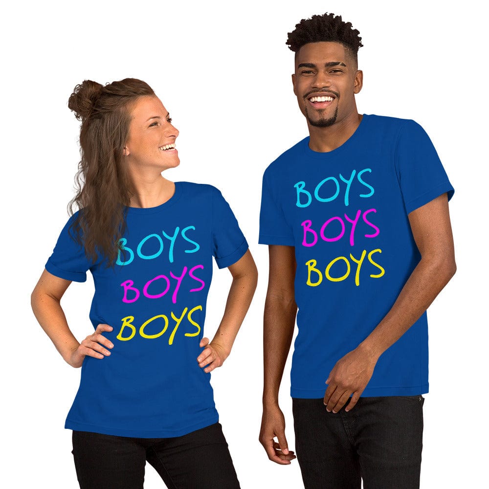 True royal blue boys graphic T-shirt with stacked BOYS lettering in blue, pink, yellow