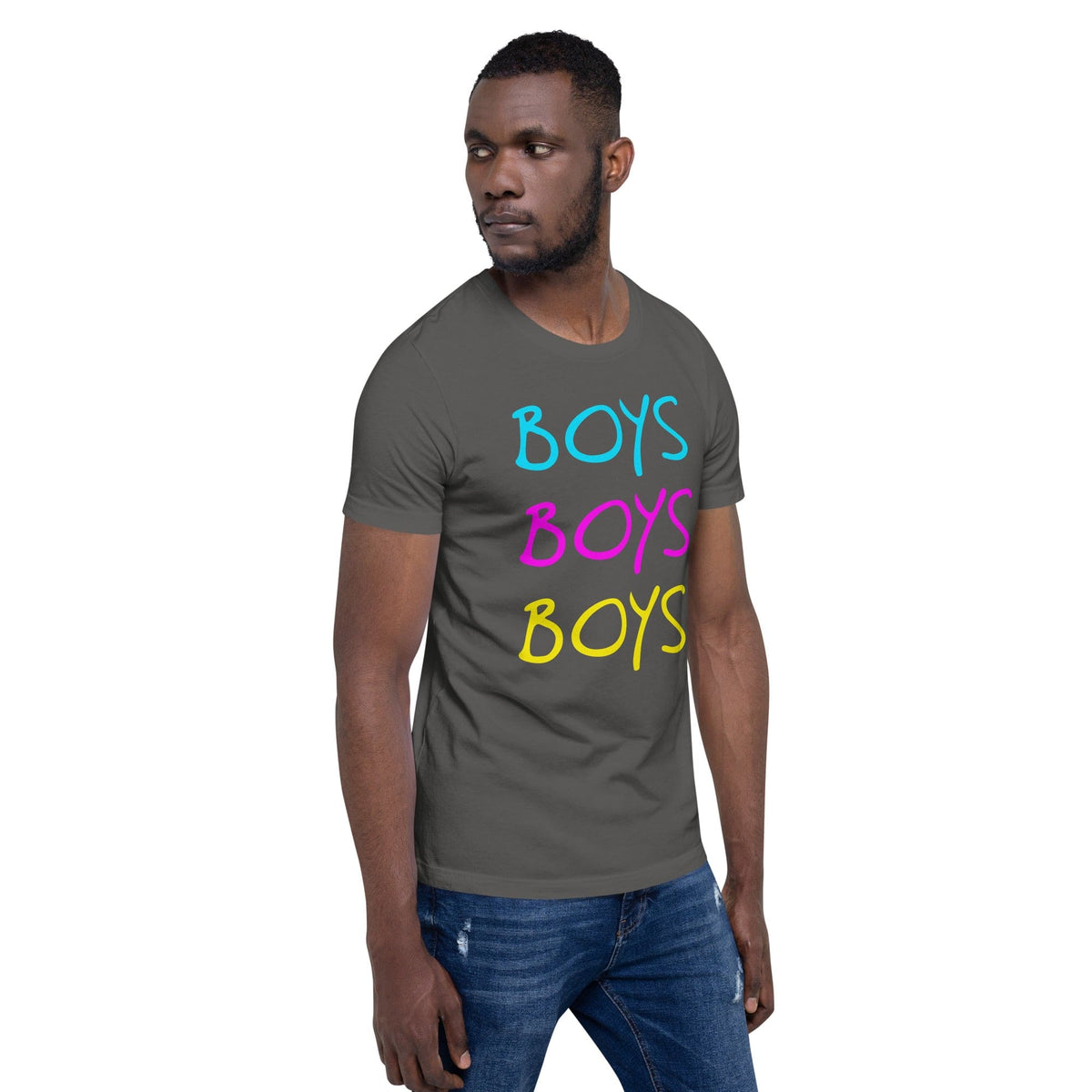 Asphalt gray boys graphic T-shirt with stacked BOYS lettering in blue, pink, yellow