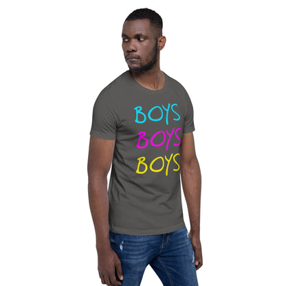 Asphalt gray boys graphic T-shirt with stacked BOYS lettering in blue, pink, yellow