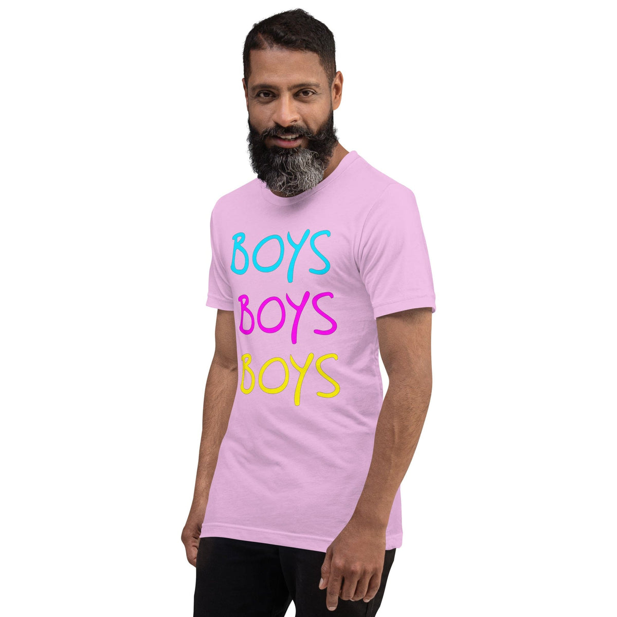 Lilac boys graphic T-shirt with stacked BOYS lettering in blue, pink, yellow