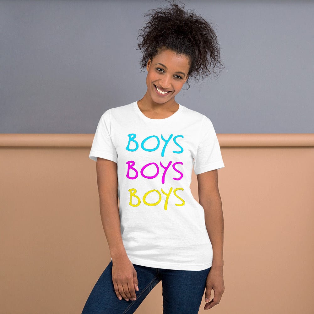White boys graphic T-shirt with stacked BOYS lettering in blue, pink, yellow