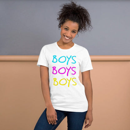 White boys graphic T-shirt with stacked BOYS lettering in blue, pink, yellow