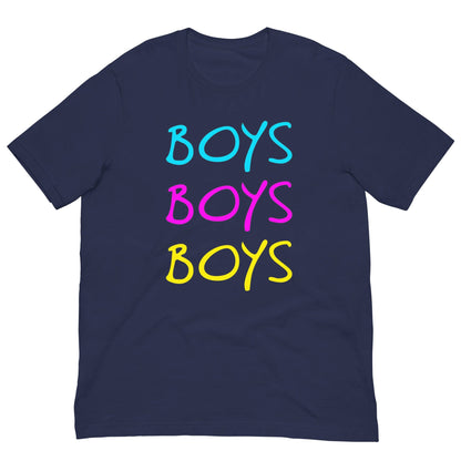 Navy boys graphic T-shirt with stacked BOYS lettering in blue, pink, yellow