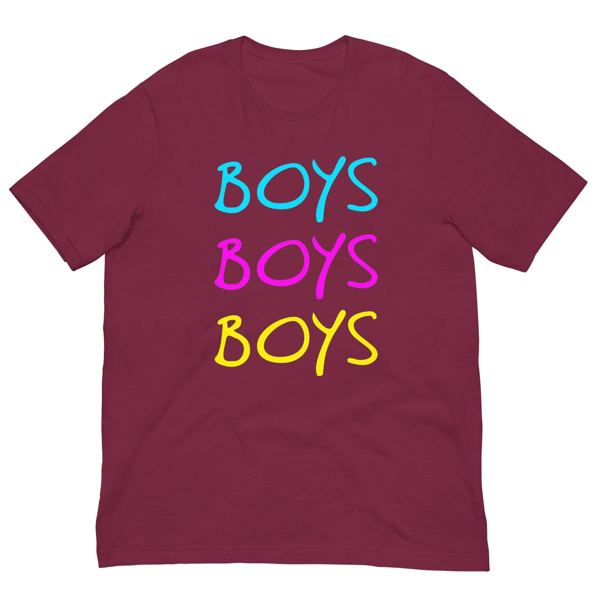 Maroon boys T-shirt with stacked rainbow "BOYS" text graphic