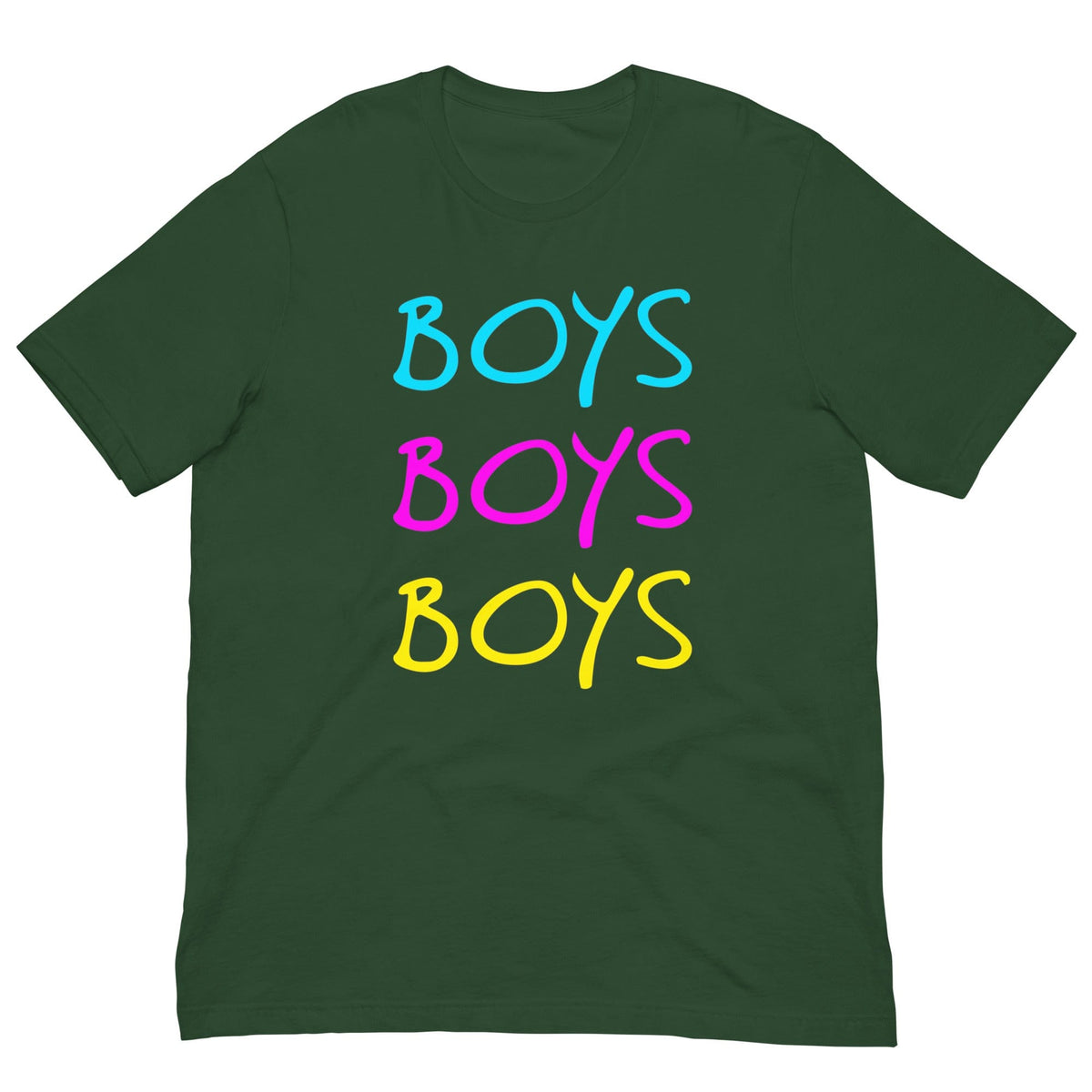 Forest green boys T-shirt with stacked rainbow "BOYS" text graphic