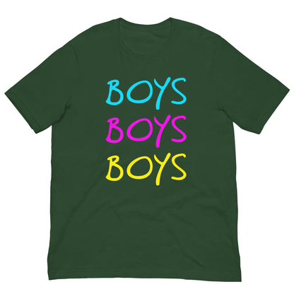 Forest green boys T-shirt with stacked rainbow "BOYS" text graphic
