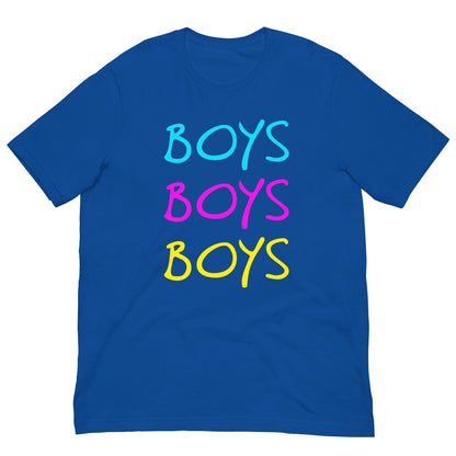 True royal blue boys T-shirt with stacked rainbow "BOYS" text graphic