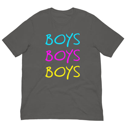 Asphalt gray boys T-shirt with stacked rainbow "BOYS" text graphic