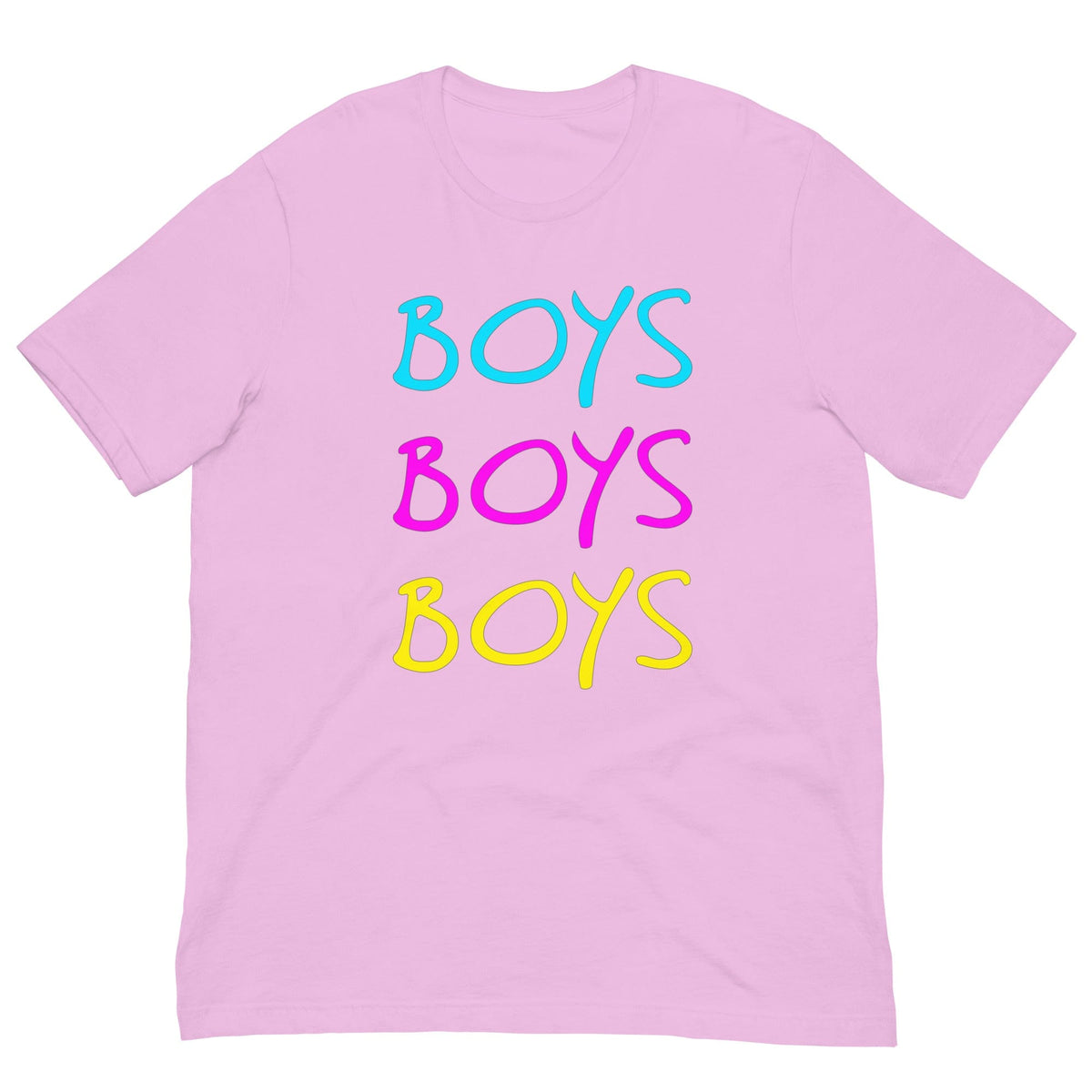 Lilac pink boys T-shirt with stacked rainbow "BOYS" text graphic