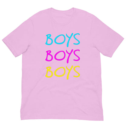 Lilac pink boys T-shirt with stacked rainbow "BOYS" text graphic