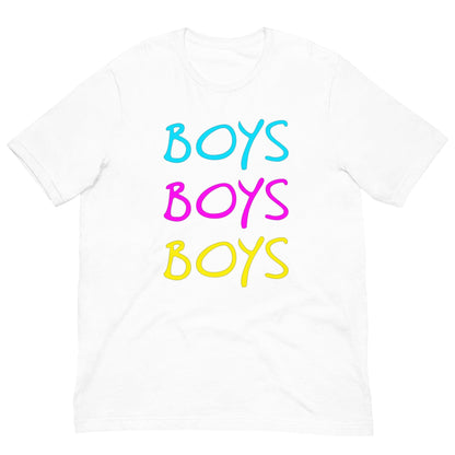 White boys T-shirt with stacked rainbow "BOYS" text graphic