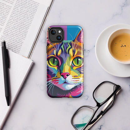 Colorful cat face MagSafe tough phone case with raised camera protection and cutouts