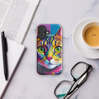 Tough phone case featuring multicolor cat face art with raised black camera frame