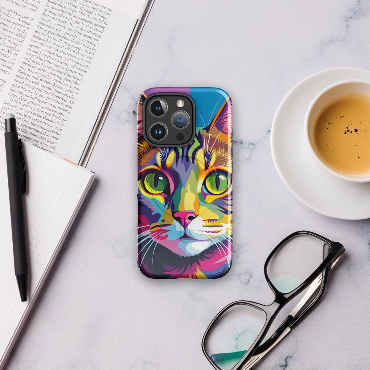 Colorful cat face tough phone case with purple and blue artwork plus triple-camera openings