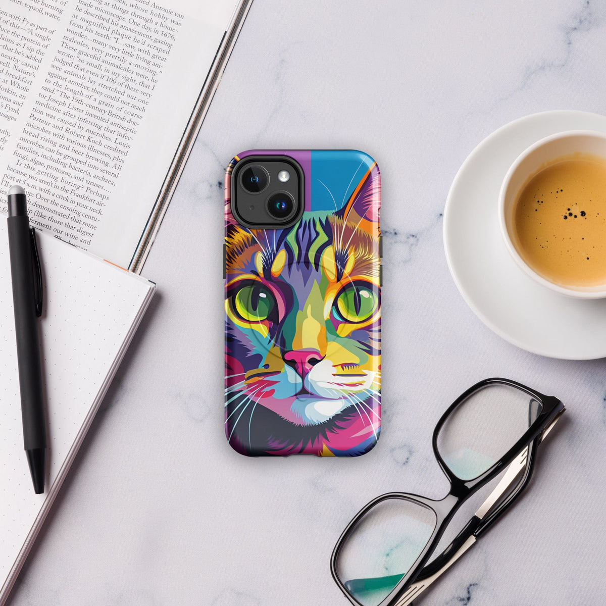 Colorful cat face MagSafe tough phone case with raised camera guard cutouts