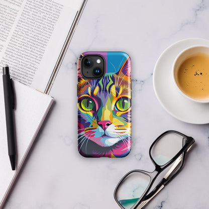 Colorful cat face tough phone case centered with camera cutouts and side detail openings
