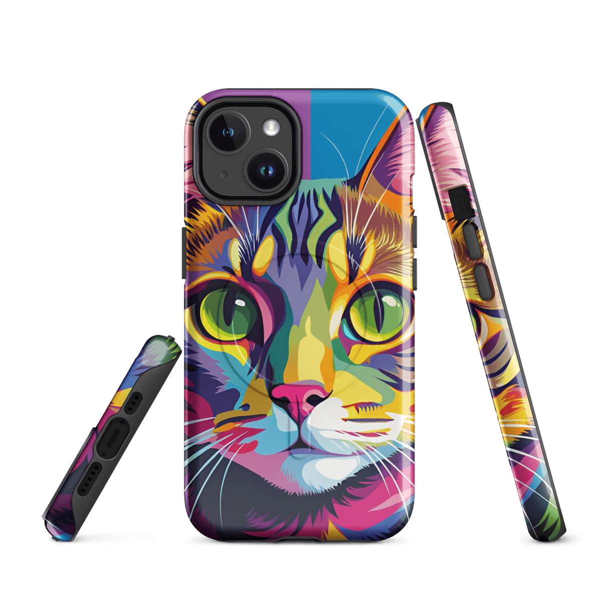 Cat-printed MagSafe tough phone case with colorful tabby design and camera cutouts