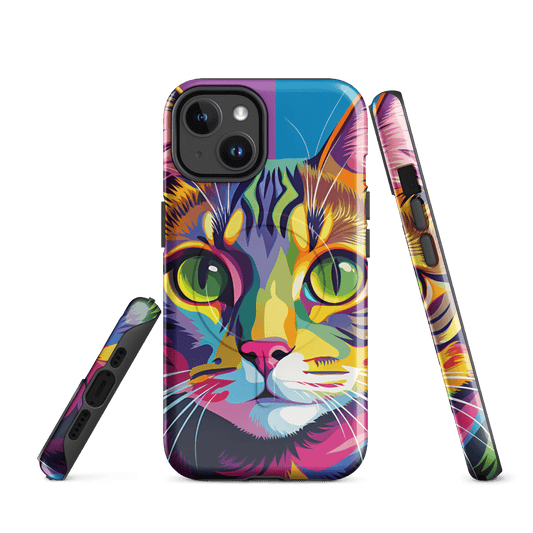 Cat-printed MagSafe tough phone case with colorful tabby design and camera cutouts