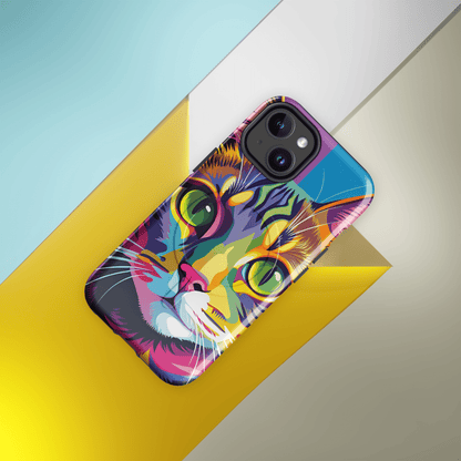 Colorful cat face tough phone case with dual camera cutouts and rounded protective edges