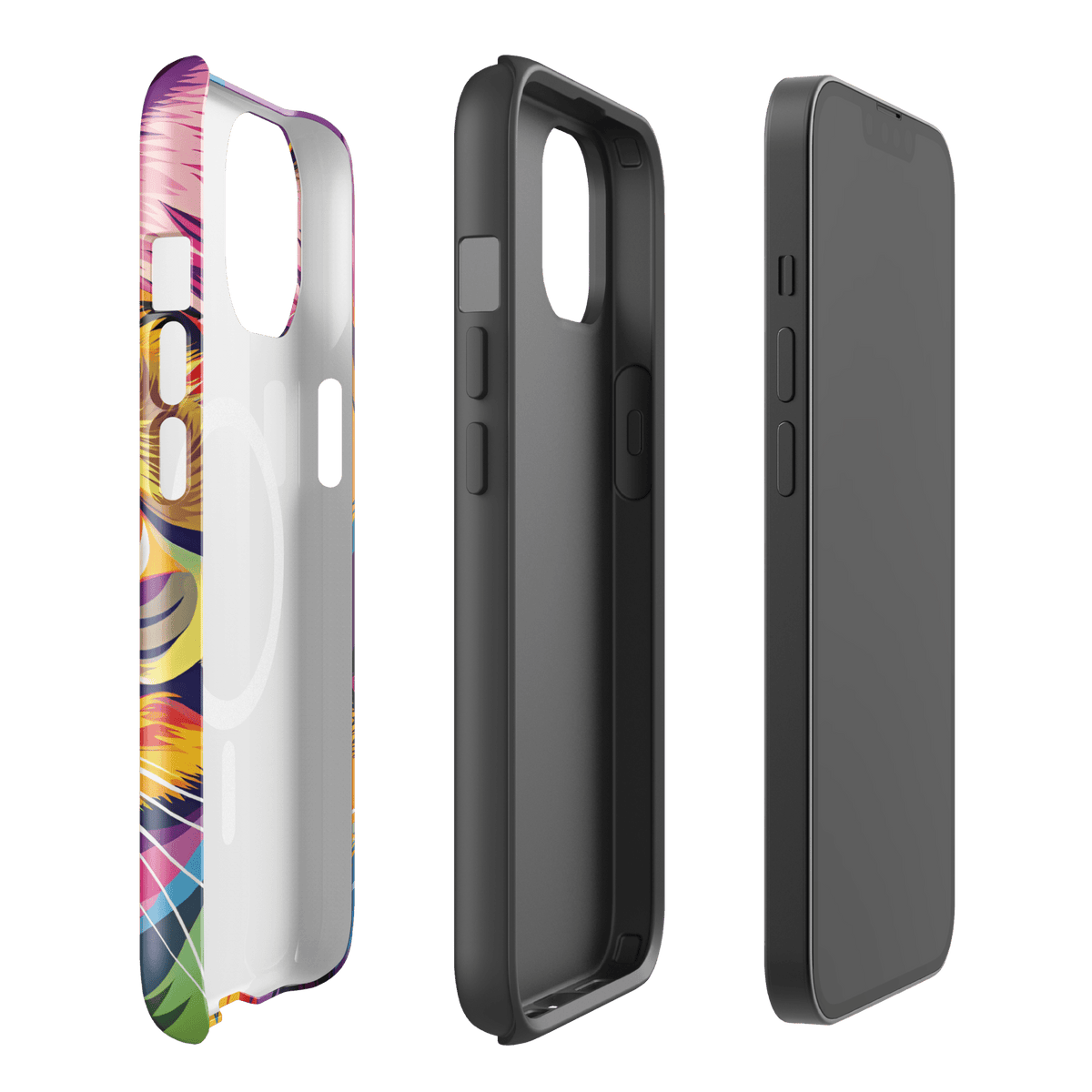 Cat art phone case back view with colorful print and protective bumper edges