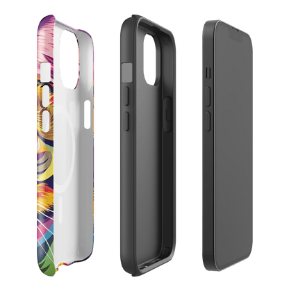 Cat art phone case back view with colorful print and protective bumper edges