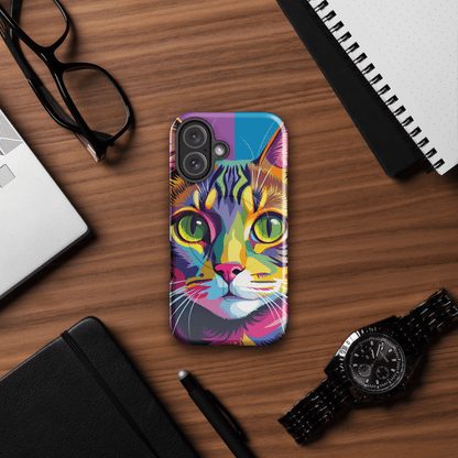 Colorful cat face tough phone case with visible side button openings and camera cutouts