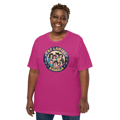 Pink T-shirt with round “CAT LADIES FOR KAMALA” cat graphic on the chest