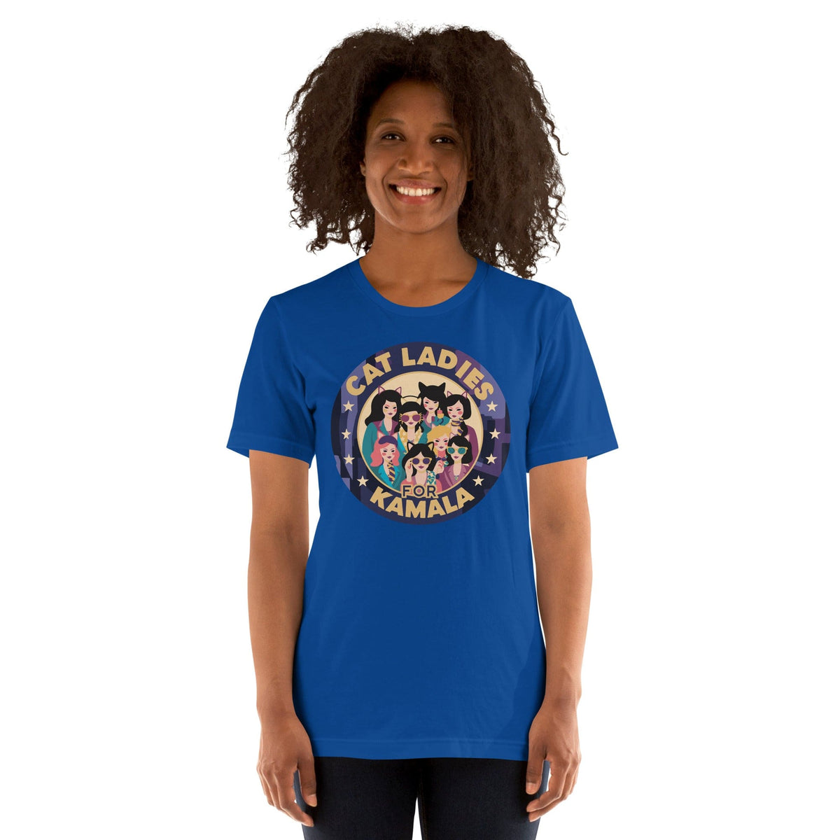 Royal blue T-shirt featuring a centered round “CAT LADIES FOR KAMALA” cat graphic