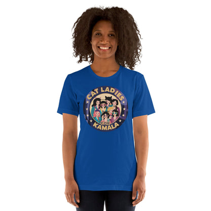 Royal blue T-shirt featuring a centered round “CAT LADIES FOR KAMALA” cat graphic