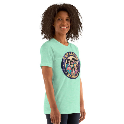 Mint green T-shirt with round “CAT LADIES FOR KAMALA” cat graphic on the chest