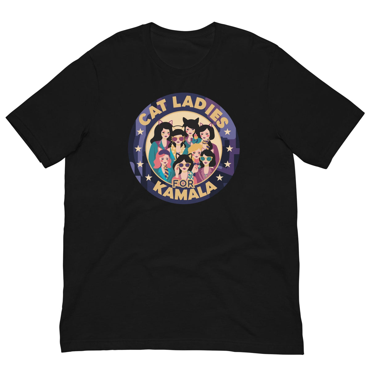 Black T-shirt with centered round “CAT LADIES FOR KAMALA” cat graphic