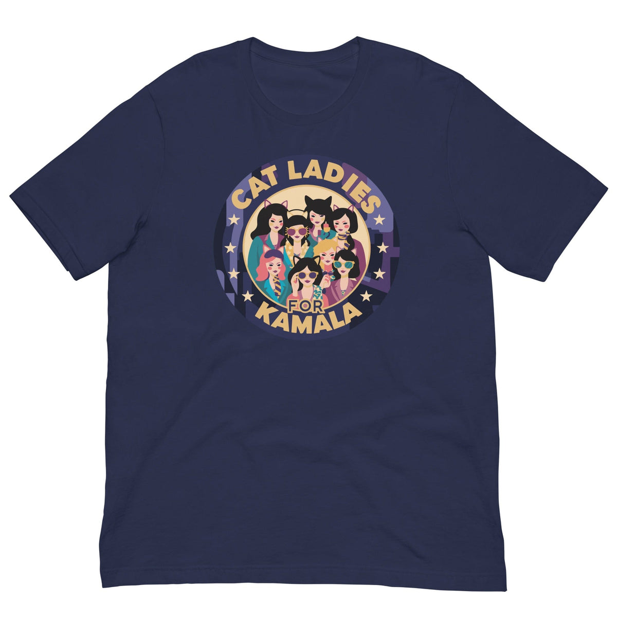 Navy T-shirt with a round “CAT LADIES FOR KAMALA” cat graphic on the chest