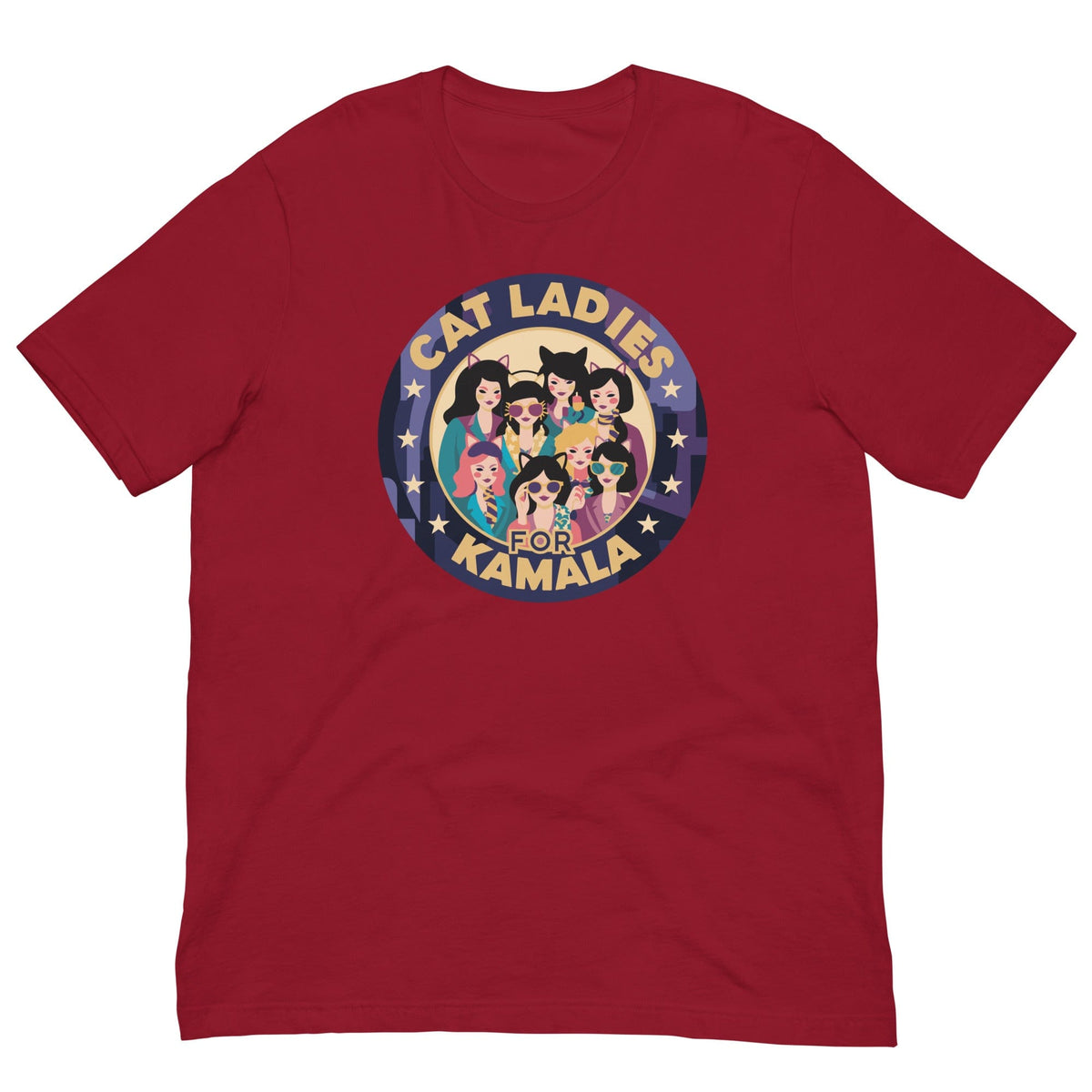 Red T-shirt with a round “CAT LADIES FOR KAMALA” cat graphic on the chest