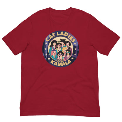Red T-shirt with a round “CAT LADIES FOR KAMALA” cat graphic on the chest