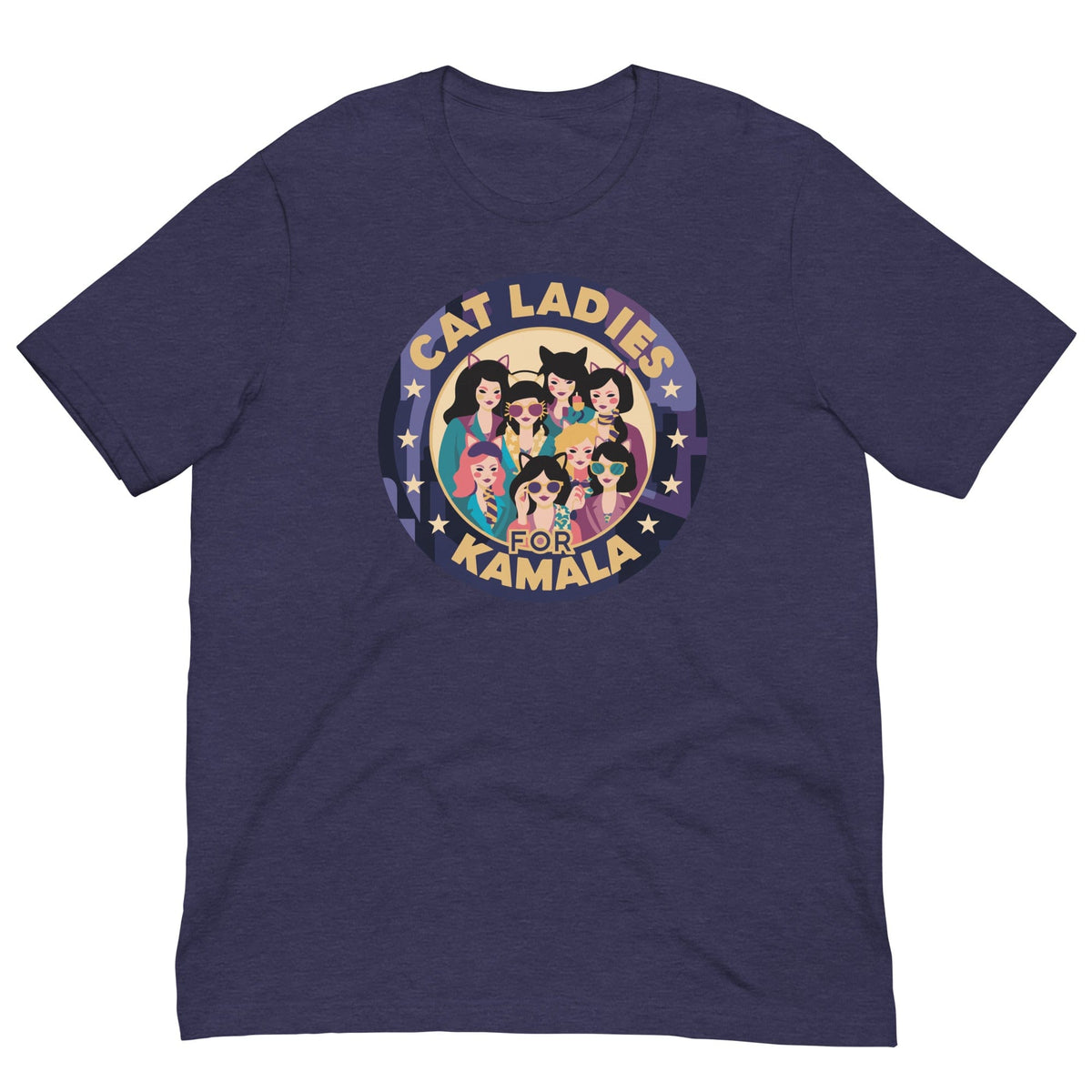 Dark purple T-shirt with a round “CAT LADIES FOR KAMALA” cat graphic on the chest