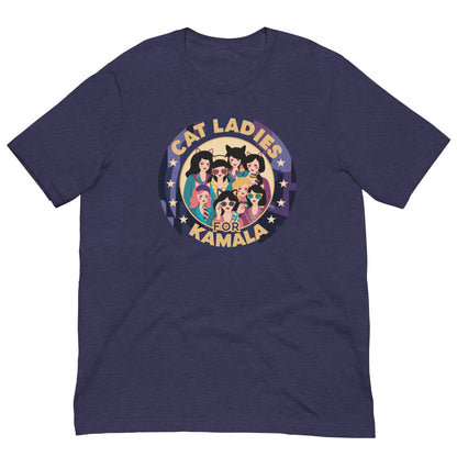 Dark purple T-shirt with a round “CAT LADIES FOR KAMALA” cat graphic on the chest