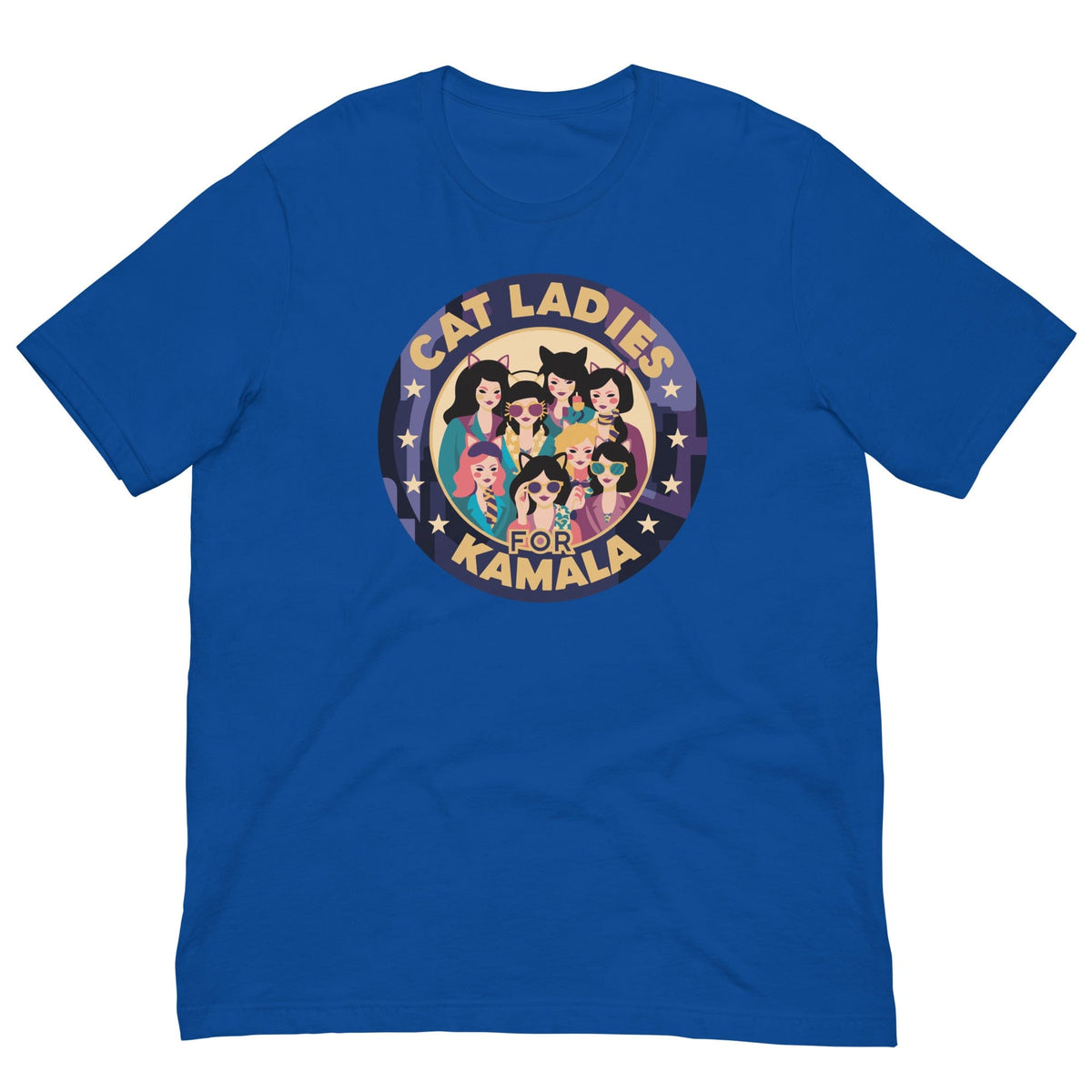 Blue T-shirt with a round “CAT LADIES FOR KAMALA” cat graphic on the chest