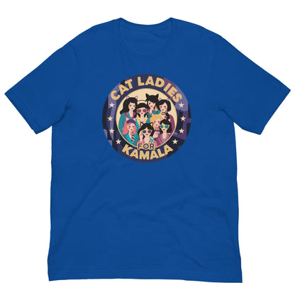 Blue T-shirt with a round “CAT LADIES FOR KAMALA” cat graphic on the chest