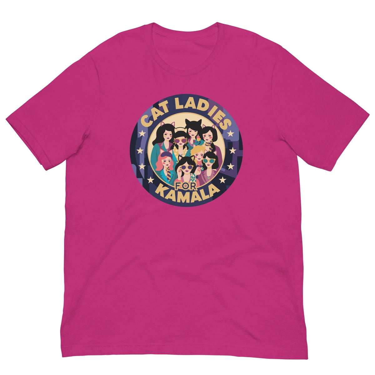 Pink T-shirt with a round “CAT LADIES FOR KAMALA” cat graphic on the chest