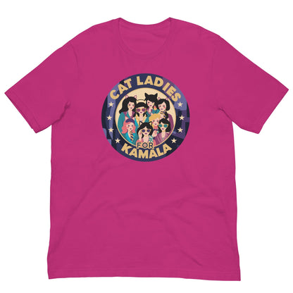 Pink T-shirt with a round “CAT LADIES FOR KAMALA” cat graphic on the chest