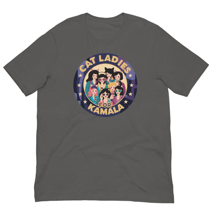 Gray T-shirt with a round “CAT LADIES FOR KAMALA” cat graphic on the chest