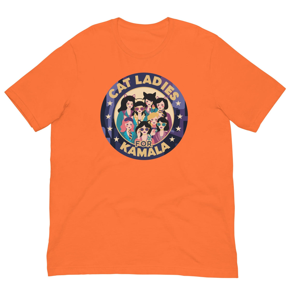 Orange T-shirt with a round “CAT LADIES FOR KAMALA” cat graphic on the chest