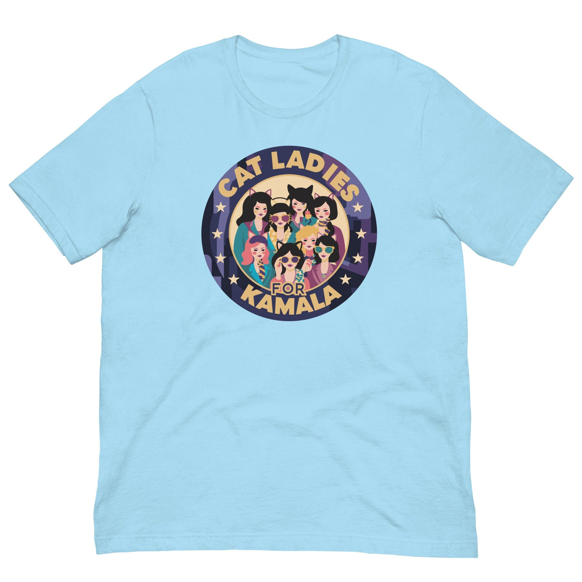 Light blue T-shirt with a round “CAT LADIES FOR KAMALA” cat graphic on the chest