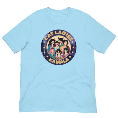 Light blue T-shirt with a round “CAT LADIES FOR KAMALA” cat graphic on the chest