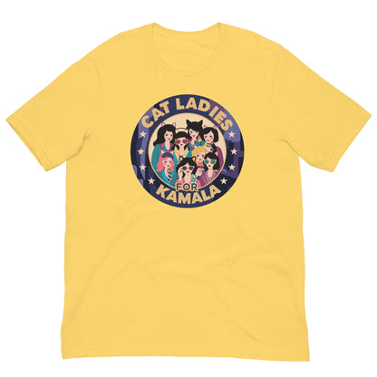 Yellow T-shirt with a round “CAT LADIES FOR KAMALA” cat graphic on the chest