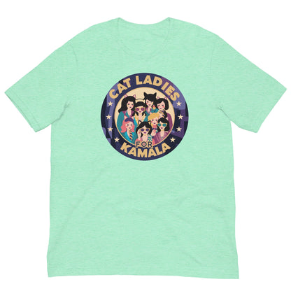 Mint green T-shirt with a round “CAT LADIES FOR KAMALA” cat graphic on the chest