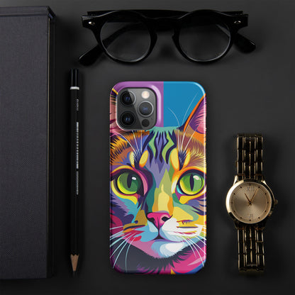 iPhone snap case with colorful cat portrait art and camera cutouts in dark bezel