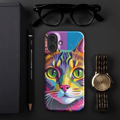 Cat-themed phone case with colorful painted cat face and purple side panel