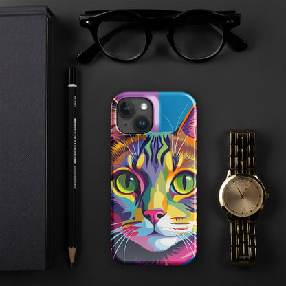 Cat-themed phone case with painted cat face and purple-to-blue edge detail