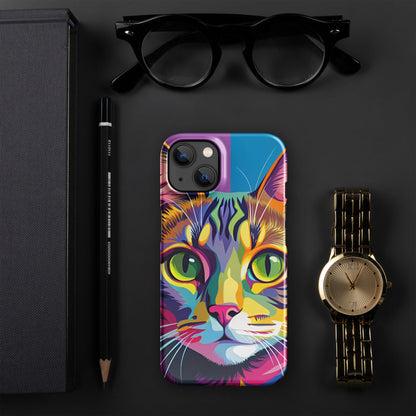 iPhone snap case showing a neon-style cat face with visible camera module